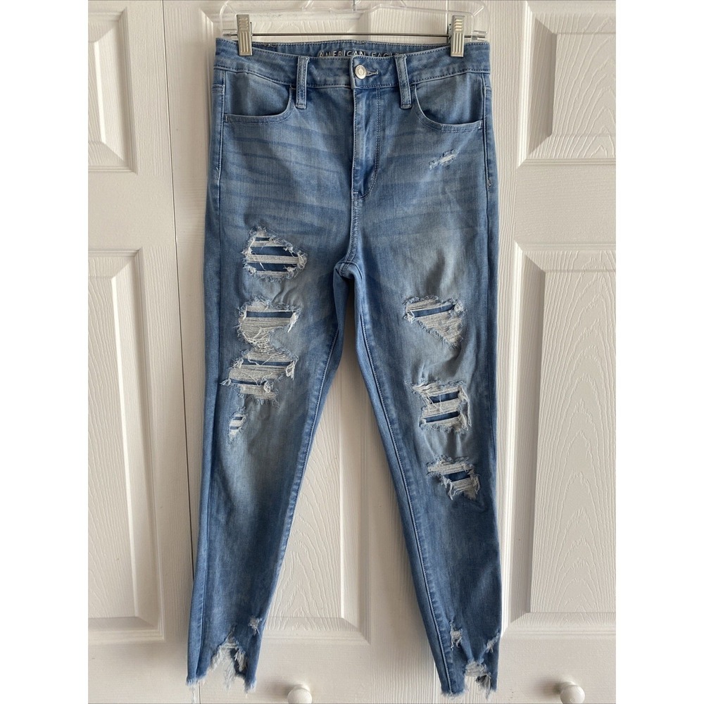 American Eagle Next Level Stretch Skinny Jeans Womens 8 Short Blue Distressed L8